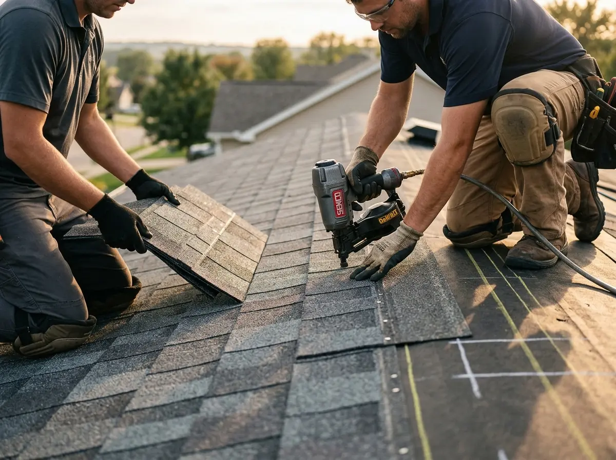 Professional roofer working on a residential roof in Runnemede